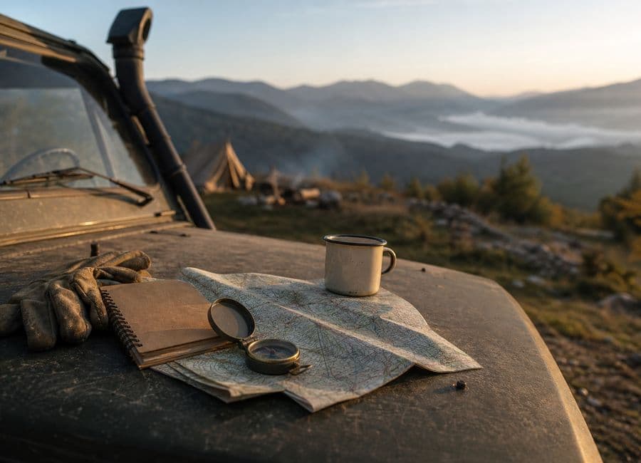 Map, compass and field notebook prepared on an expedition vehicle